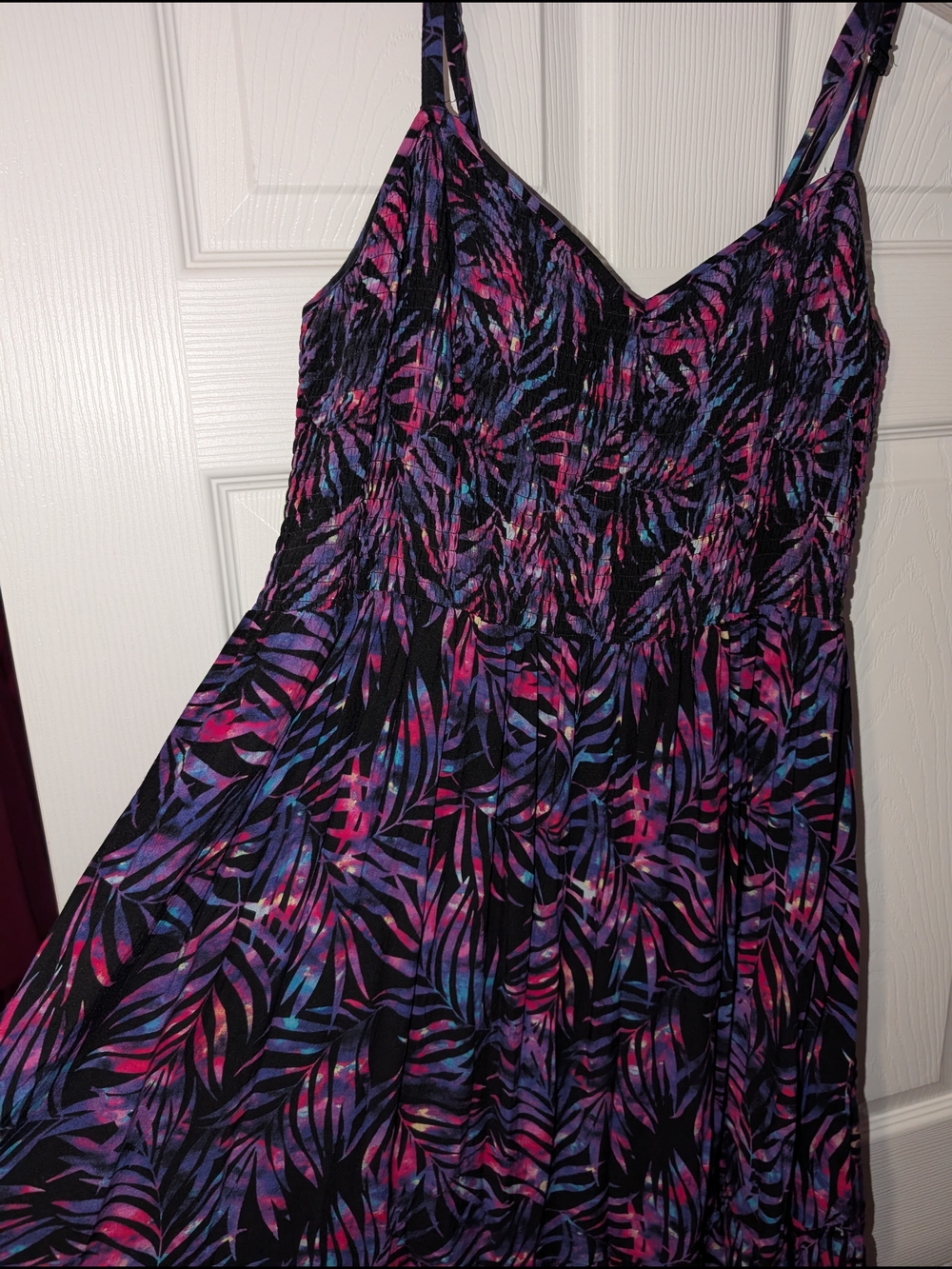 torrid Midi Dress with Tropical Leaf Pink/Purple/Blue/Black Print
